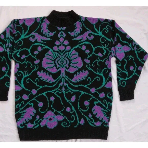 Vintage Carriage Court Sweater Black Purple Blue Scroll Retro Women's Large - Picture 2 of 12